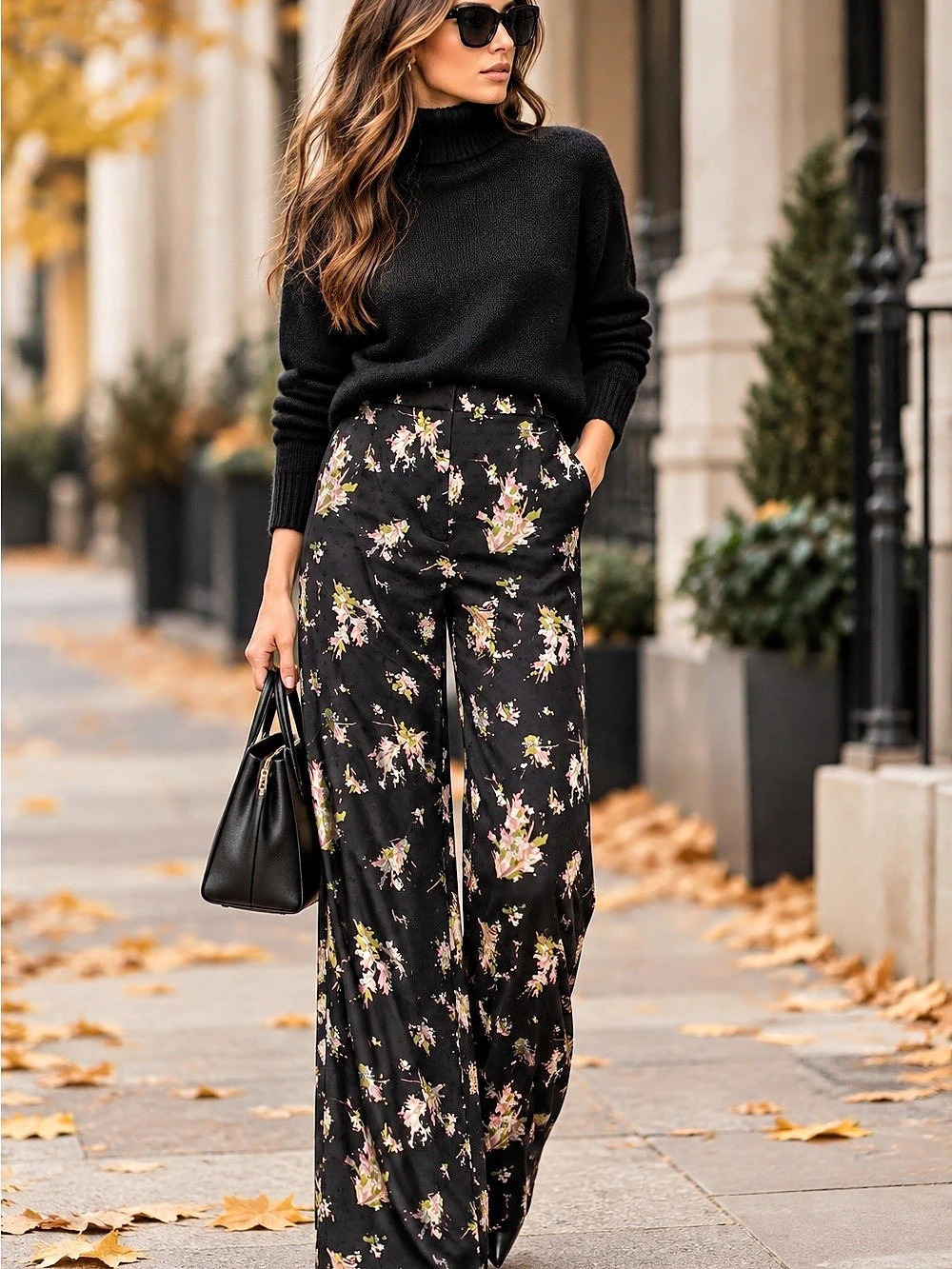 Burberry Floral Wide Leg High Rise Pants Black Silk Trim Size 38 / US 4